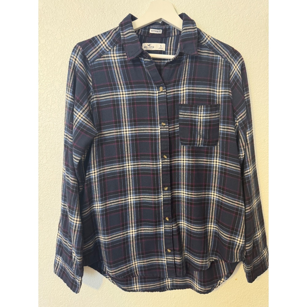 Hollister Womens Boyfriend Fit Plaid Flannel Shirt Small Navy Blue Casual